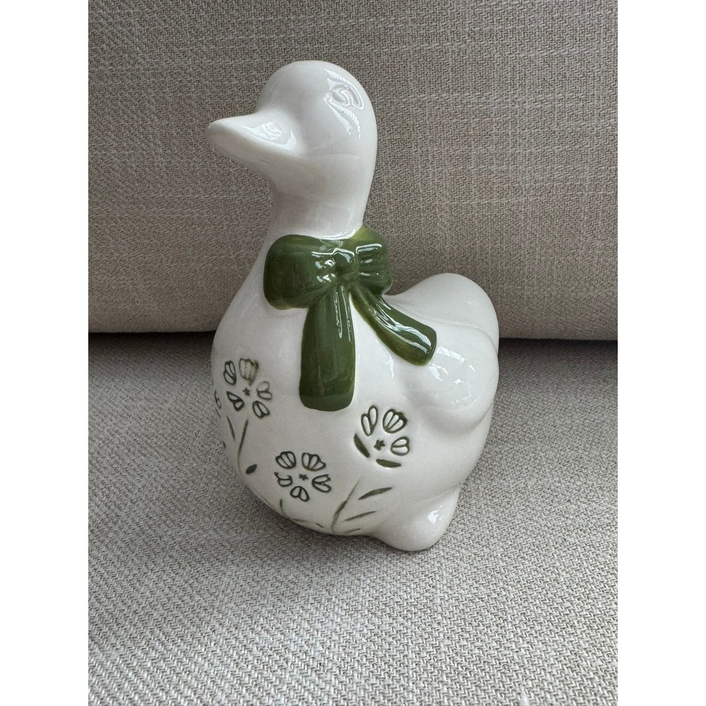 Ceramic Duck Figurine White Green Floral Embossed Cottagecore Decor 6 inch
